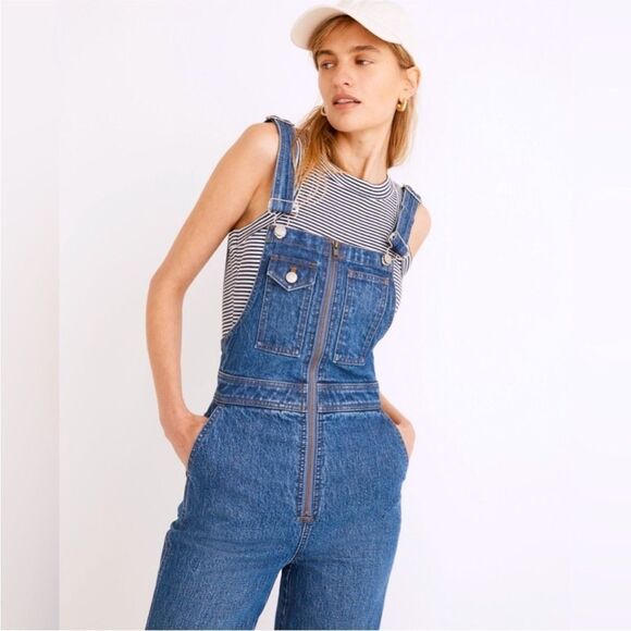 MADEWELL | Loose Flare Zip Front Medium Blue Denim Overalls Women’s Size 0 - Picture 1 of 15